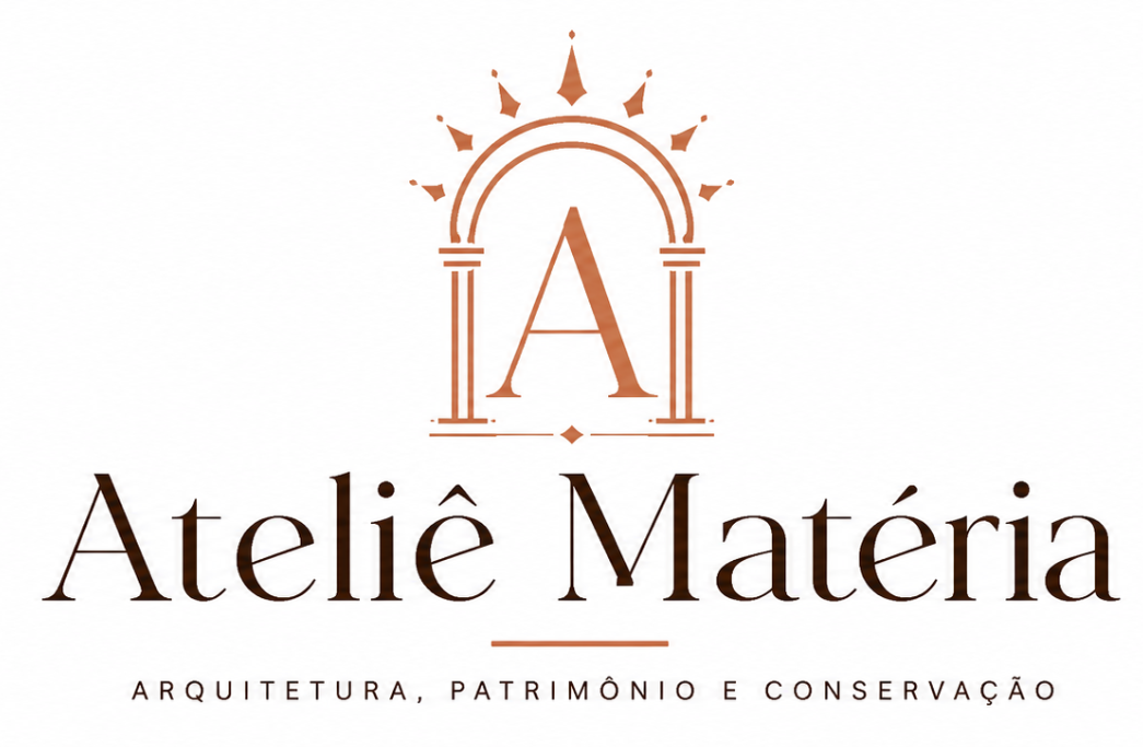 Ateliê Matéria — logotipo original com sete lanças; arquitetura, patrimônio e conservação